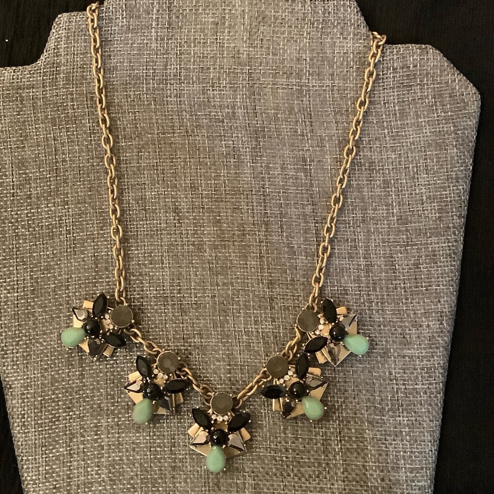 J. Crew Gold and Black Floral Necklace with Mint Accents